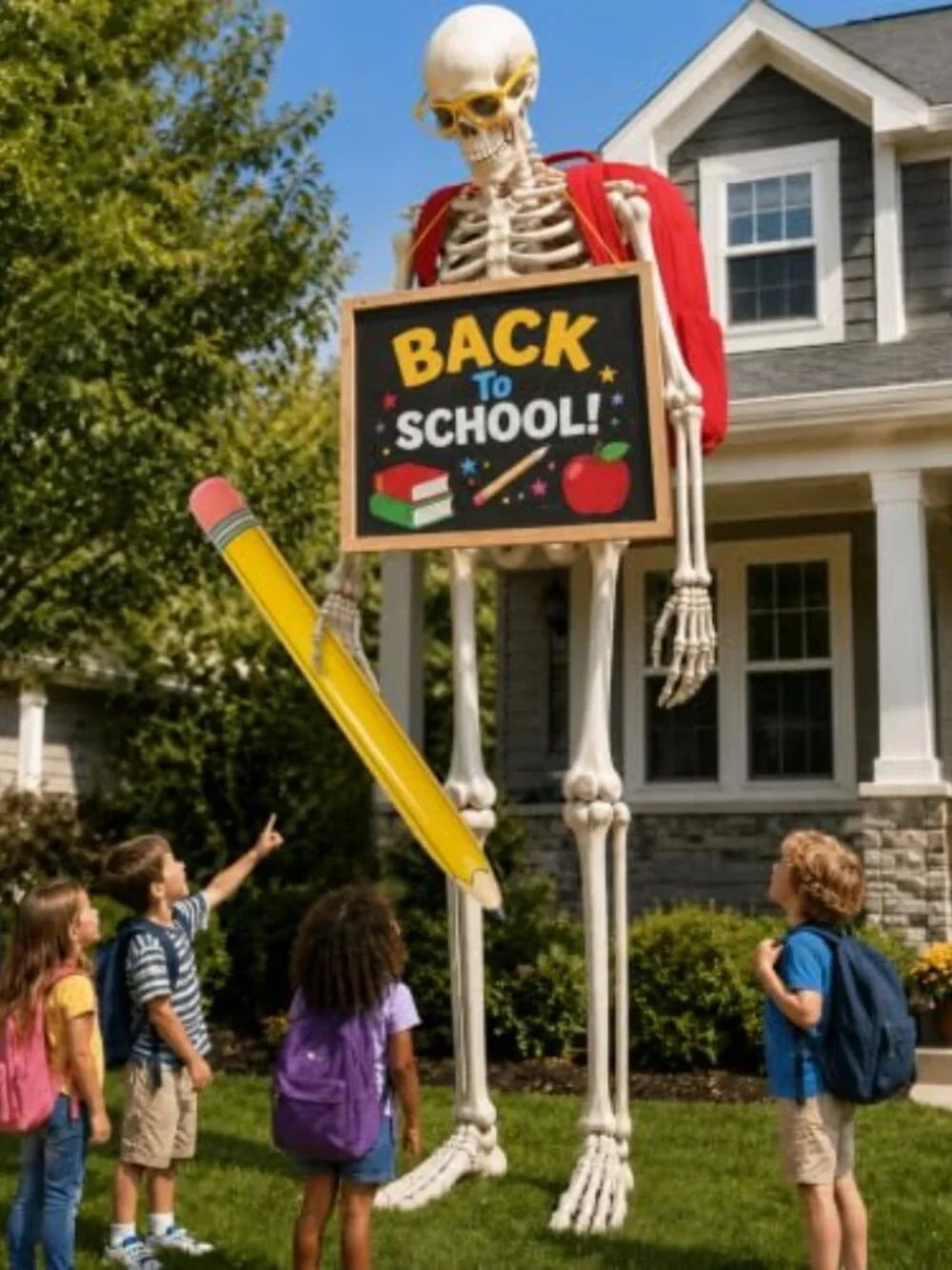 12ft Skeleton Back to School Costume with Backpack, Sign, Glasses & Pencil